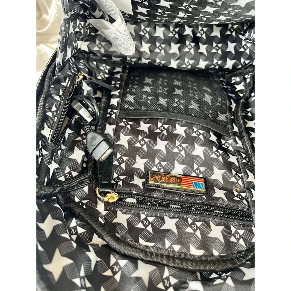 Nicole Lee Career Woman Sling Backpack Black Red Graphic USB Port